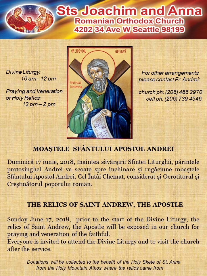 Arrival of the relics of Saint Andrew The Apostle Sfinții Părinti